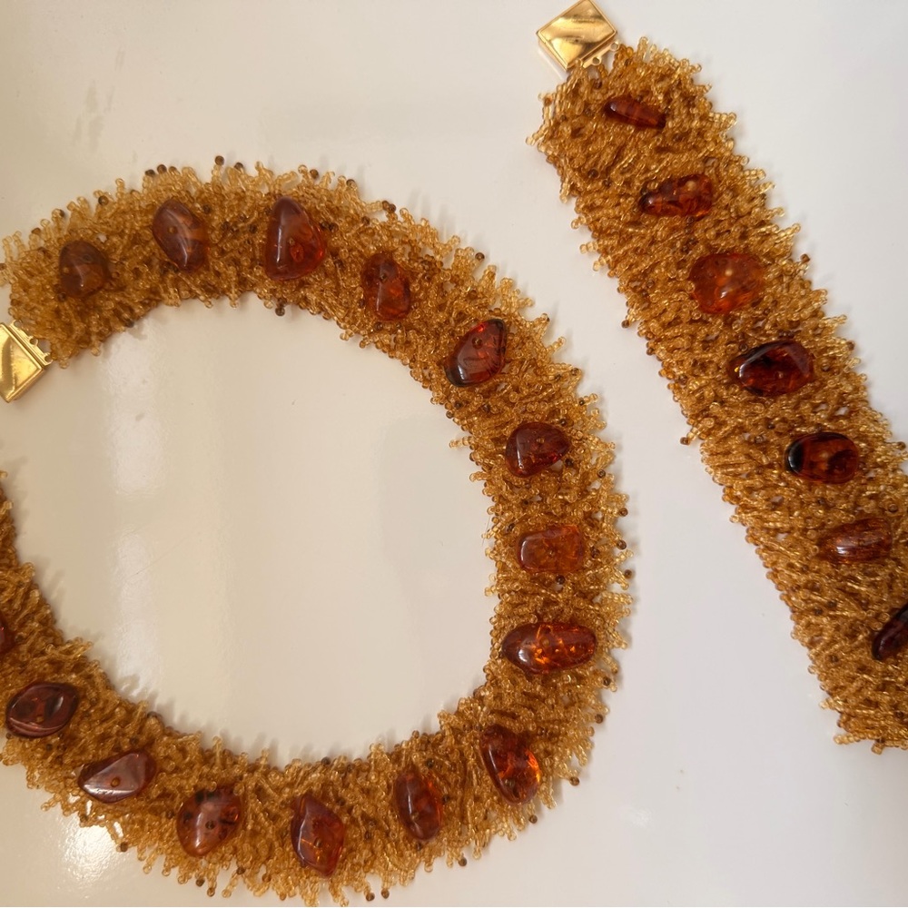 Amber Bead Statement Necklace and Bracelet Set - Golden Brown